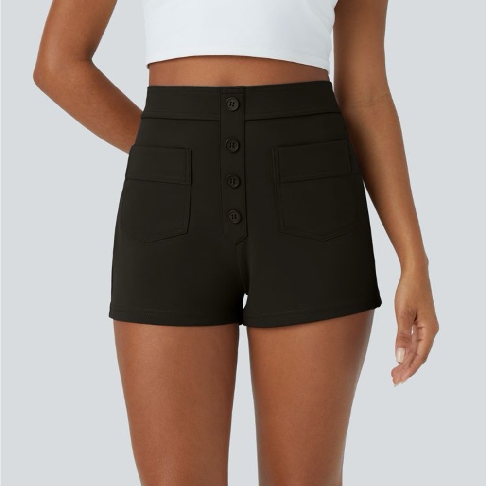 HALARA Black High Waist Button Front Shorts